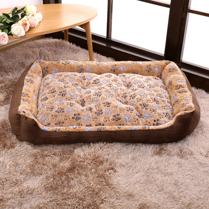 Beige soft plush dog bed with raised sides, shown in a medium size for a small dog.