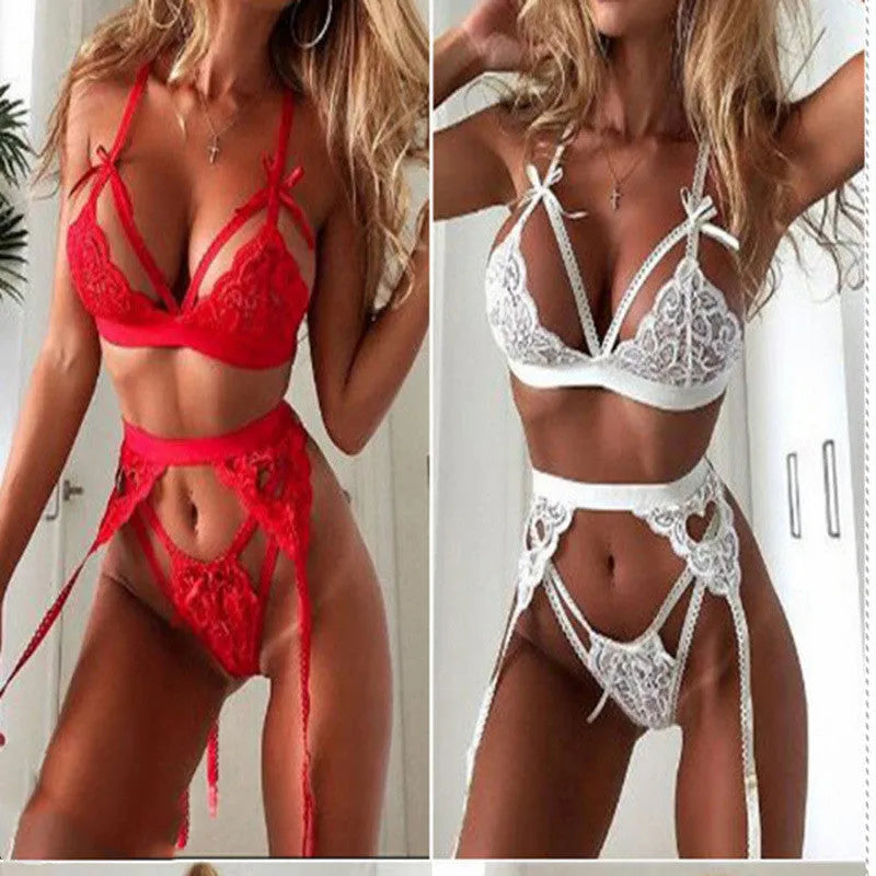 Lace lingerie set for women in red and white with polyester fibre fabric