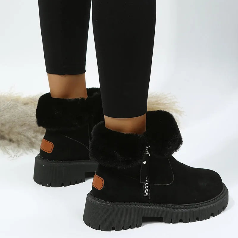 Women's thick plush snow boots with side zip, faux suede upper and non-slip rubber sole