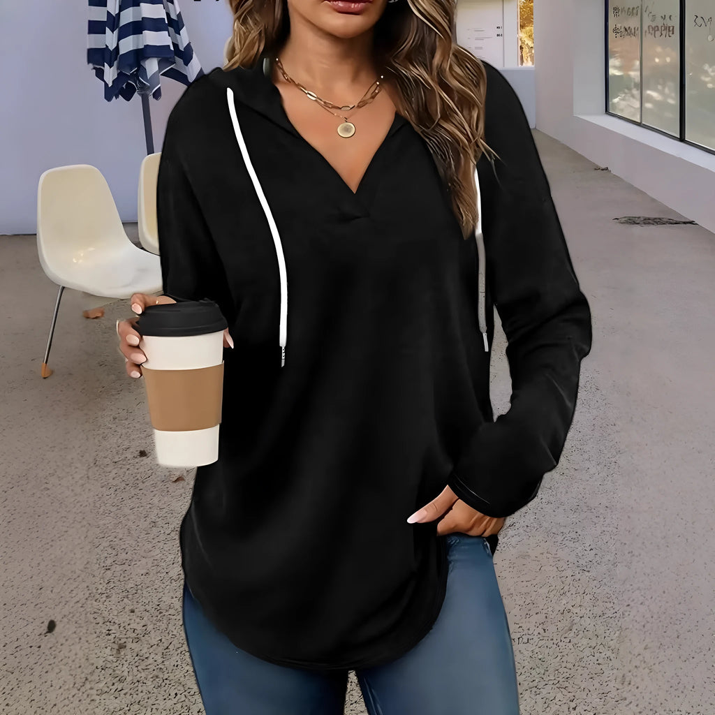 Women's black V-neck hooded sweatshirt with medium thickness polyester fabric and loose fit