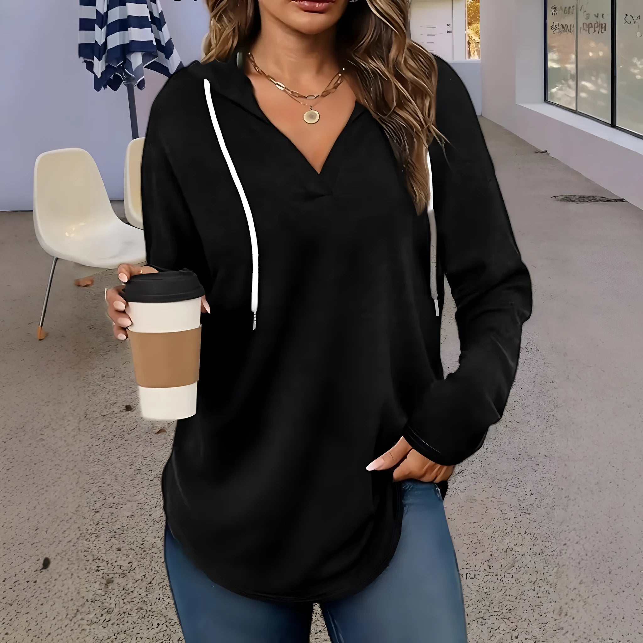Women's black V-neck hooded sweatshirt with medium thickness polyester fabric and loose fit