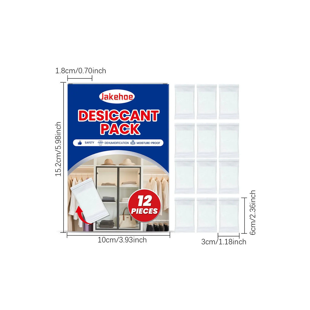Pack of twelve white space desiccant bags for household moisture and odour control.