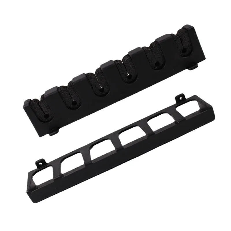 Black ABS plastic wall-mounted fishing rod holder for vertical or horizontal rod storage