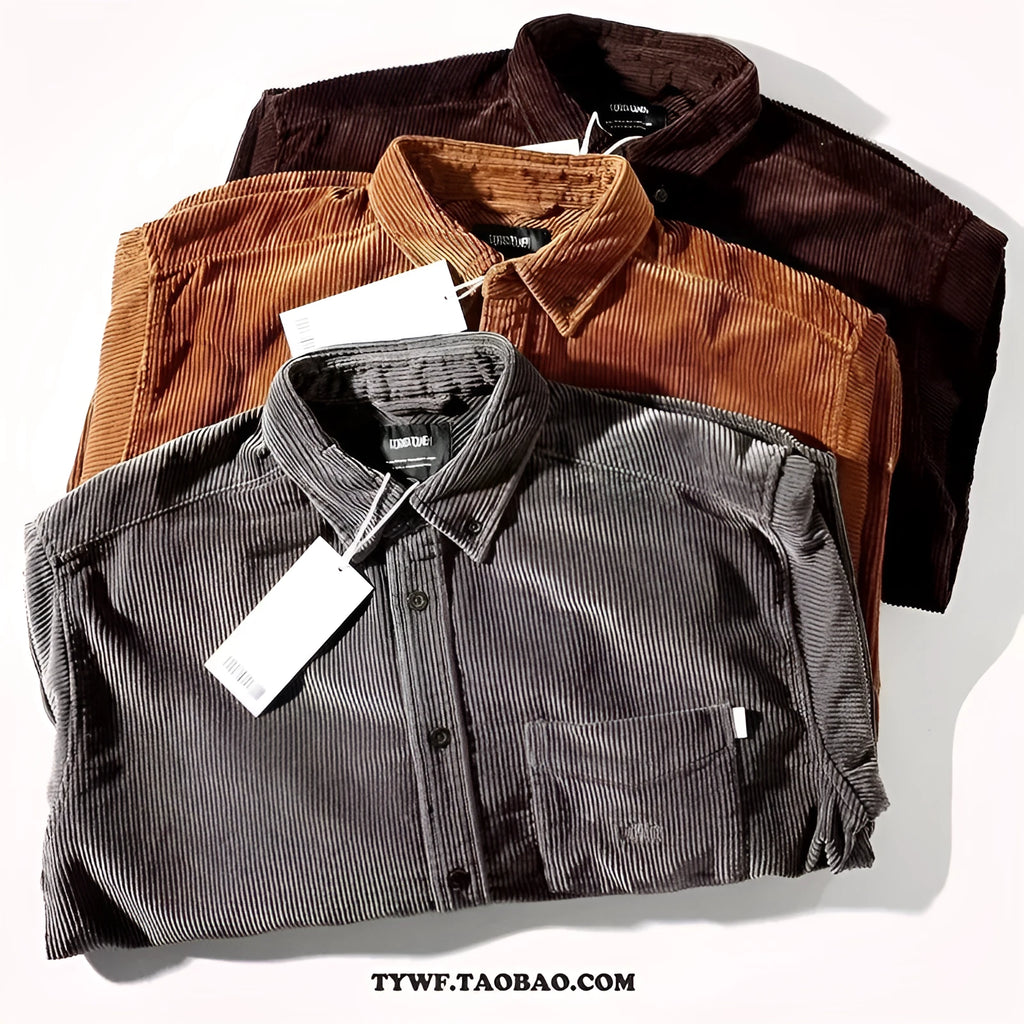 Men's loose fit corduroy cardigan shirt in caramel colour showing textured fabric and long sleeves
