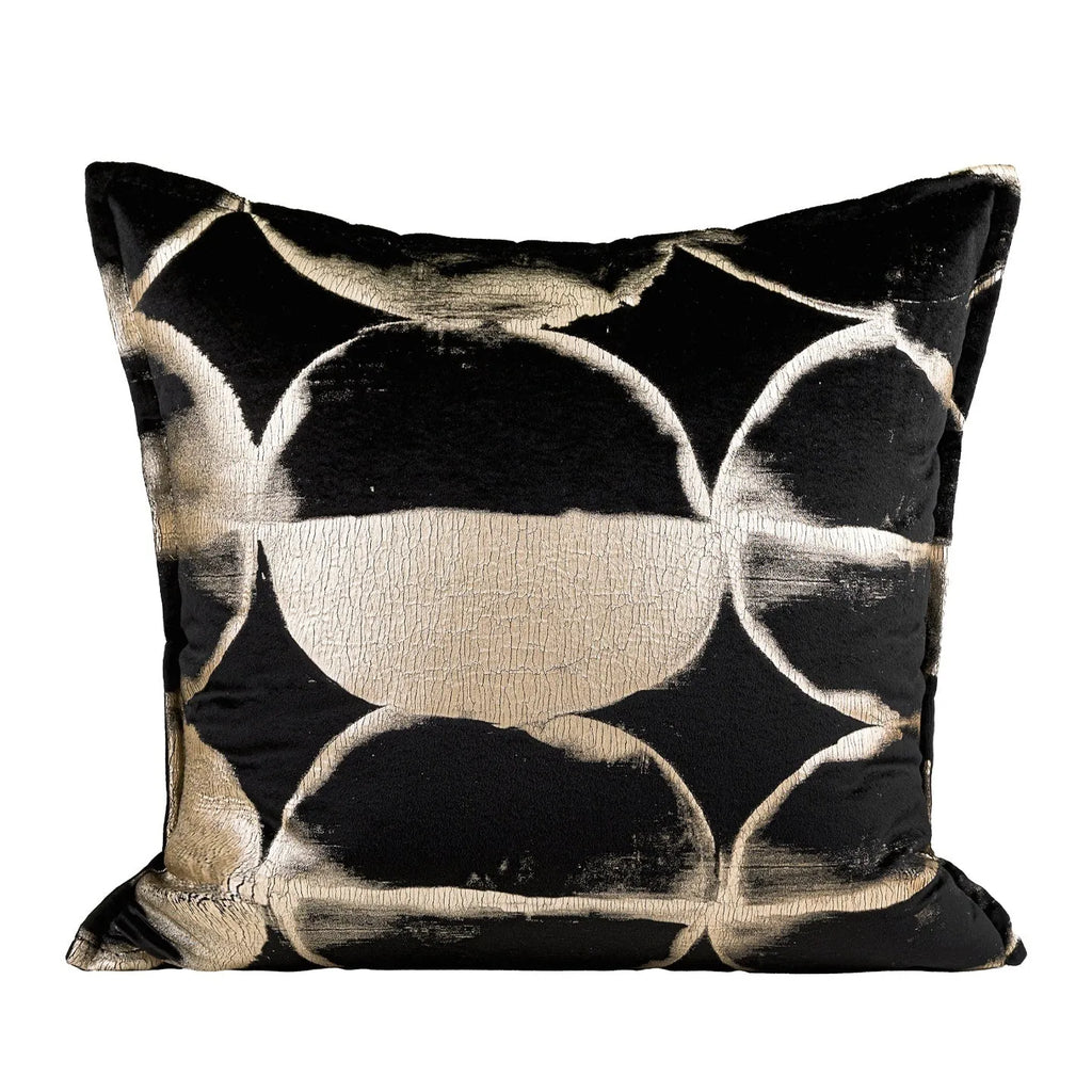 Abstract pattern black and gold flannel decorative cushion with removable cover.