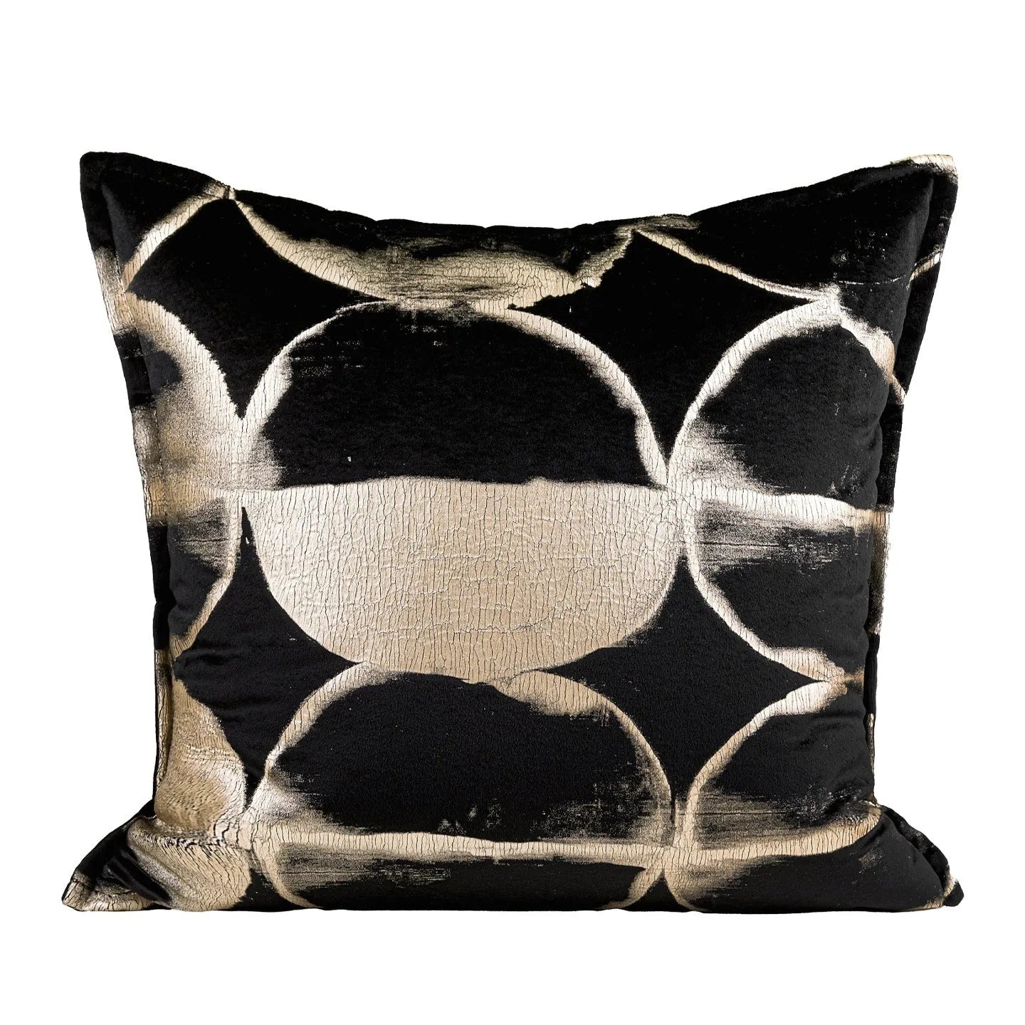 Abstract pattern black and gold flannel decorative cushion with removable cover.