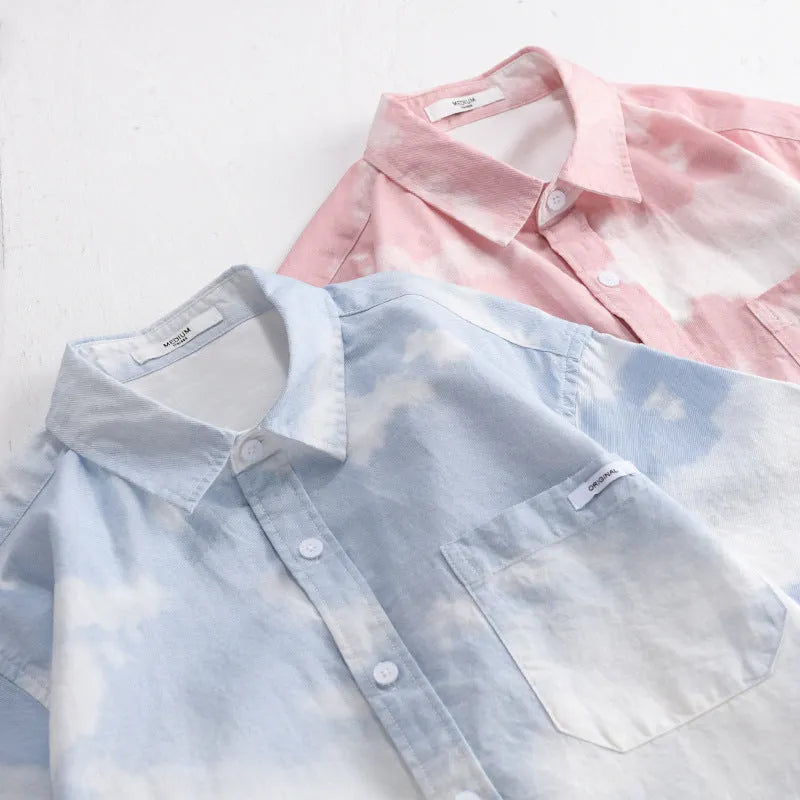 Men's light pink pure cotton summer shirt with loose cardigan style and short sleeves