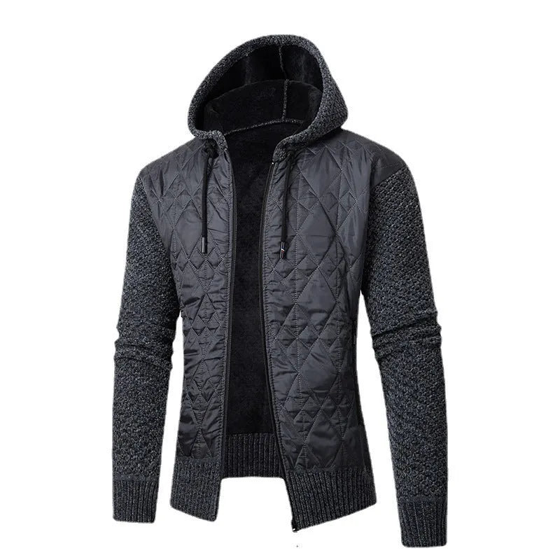 Men's gray hooded corduroy sweater coat with cinched waist styling for winter wear