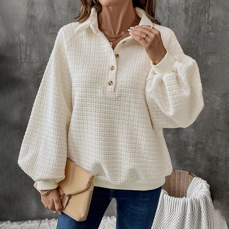 Women's Milky White polo collar sweater, a thickened polyester pullover with long sleeves.