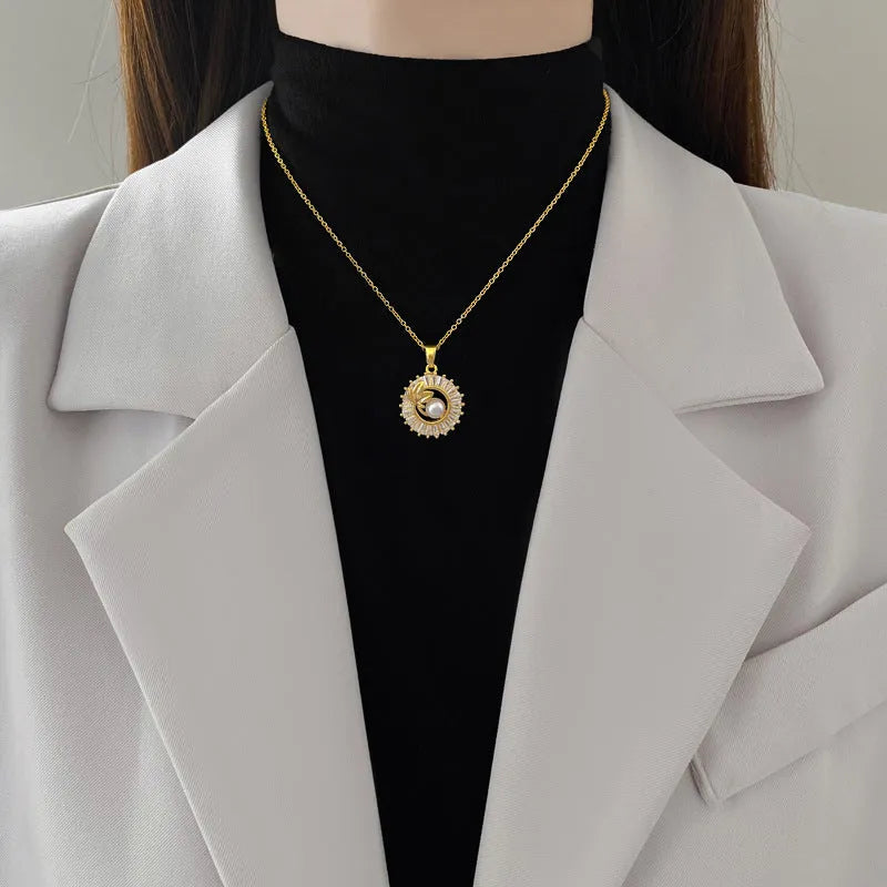 Women's titanium steel geometric jewellery set with round ring leaves necklace and matching electroplated earrings