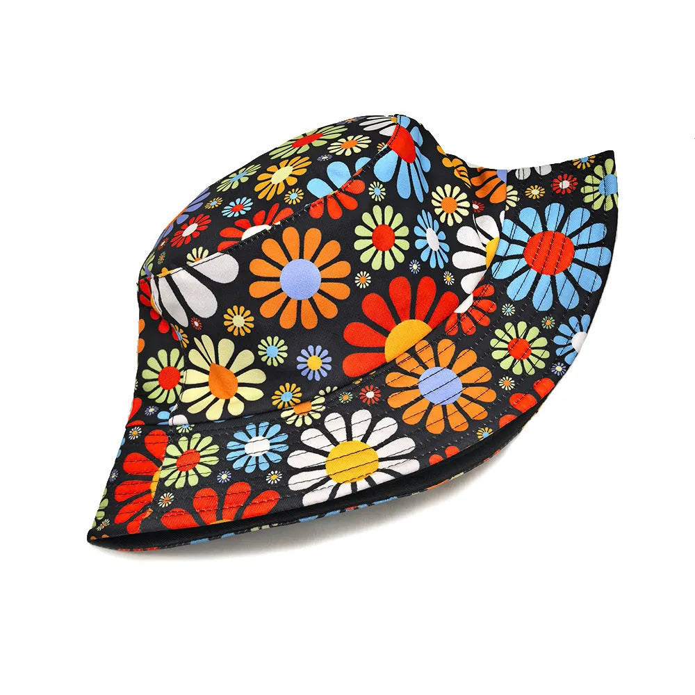 Floral pattern polyester bucket sun hat with dome crown design in size M