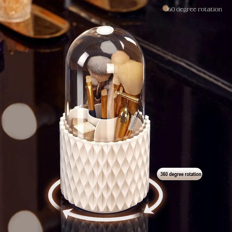 White rotating transparent acrylic makeup brush holder with dustproof lid on desktop