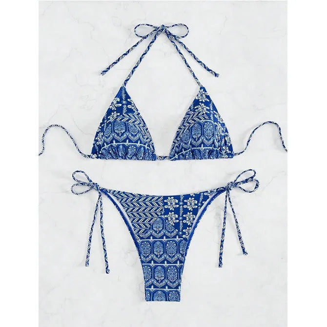 Women's split bikini swimsuit with bandage briefs and decorative printing in polyester fabric