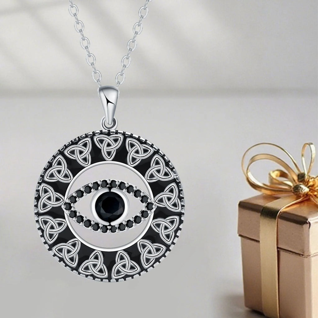 Copper Devil's Eye pendant necklace with electroplated finish and cross chain for women.