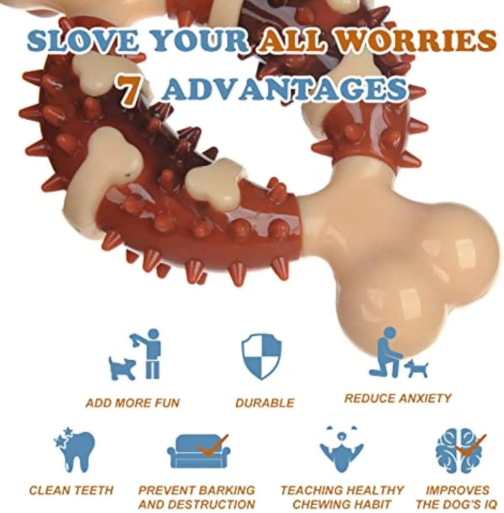 Natural rubber bone-shaped dog teeth grinding toy shown in two sizes for oral health and anxiety relief