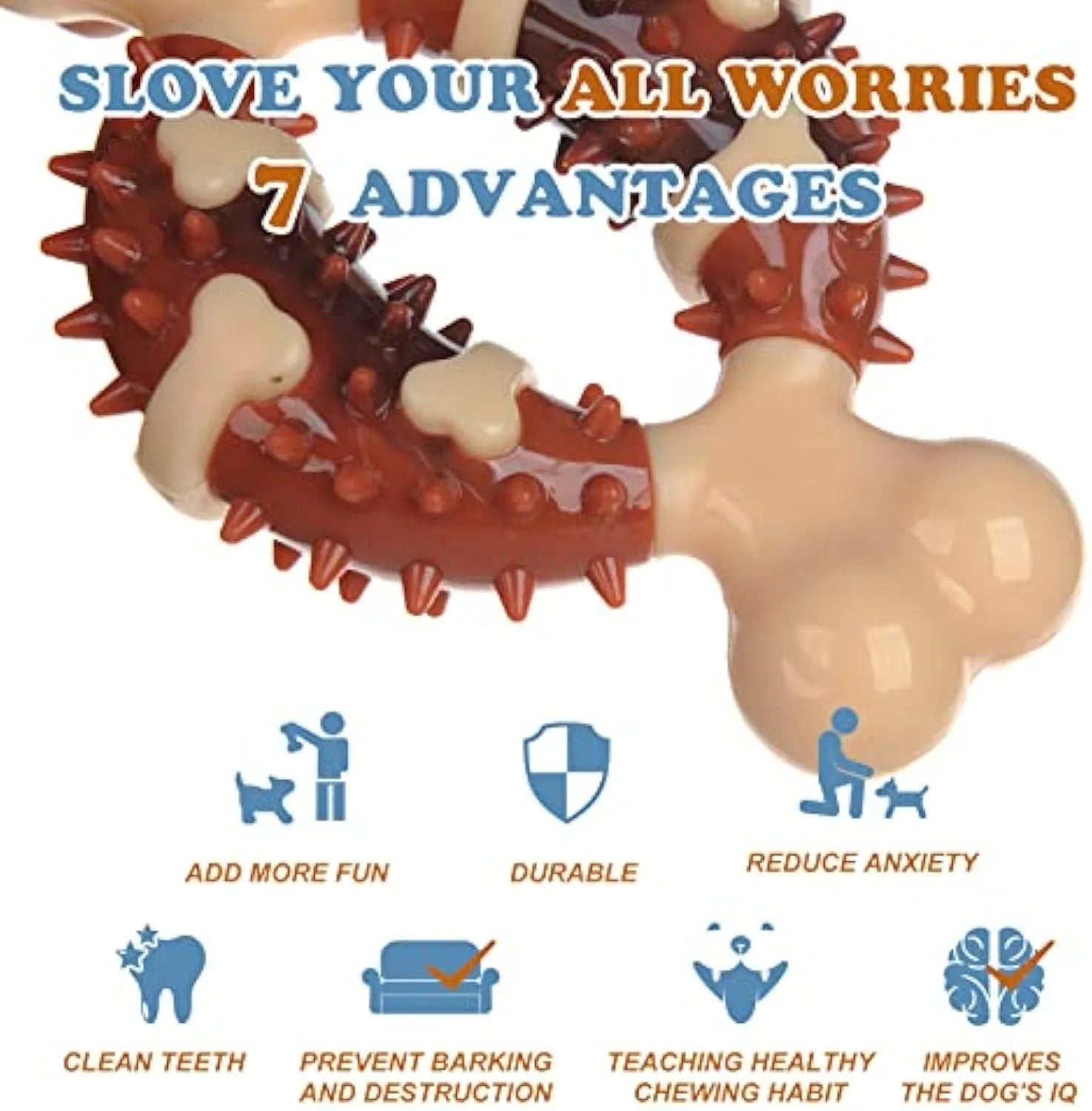 Natural rubber bone-shaped dog teeth grinding toy shown in two sizes for oral health and anxiety relief