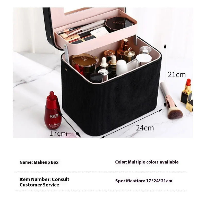 Corduroy cosmetic storage case in a choice of colours, showing large capacity interior with lining.