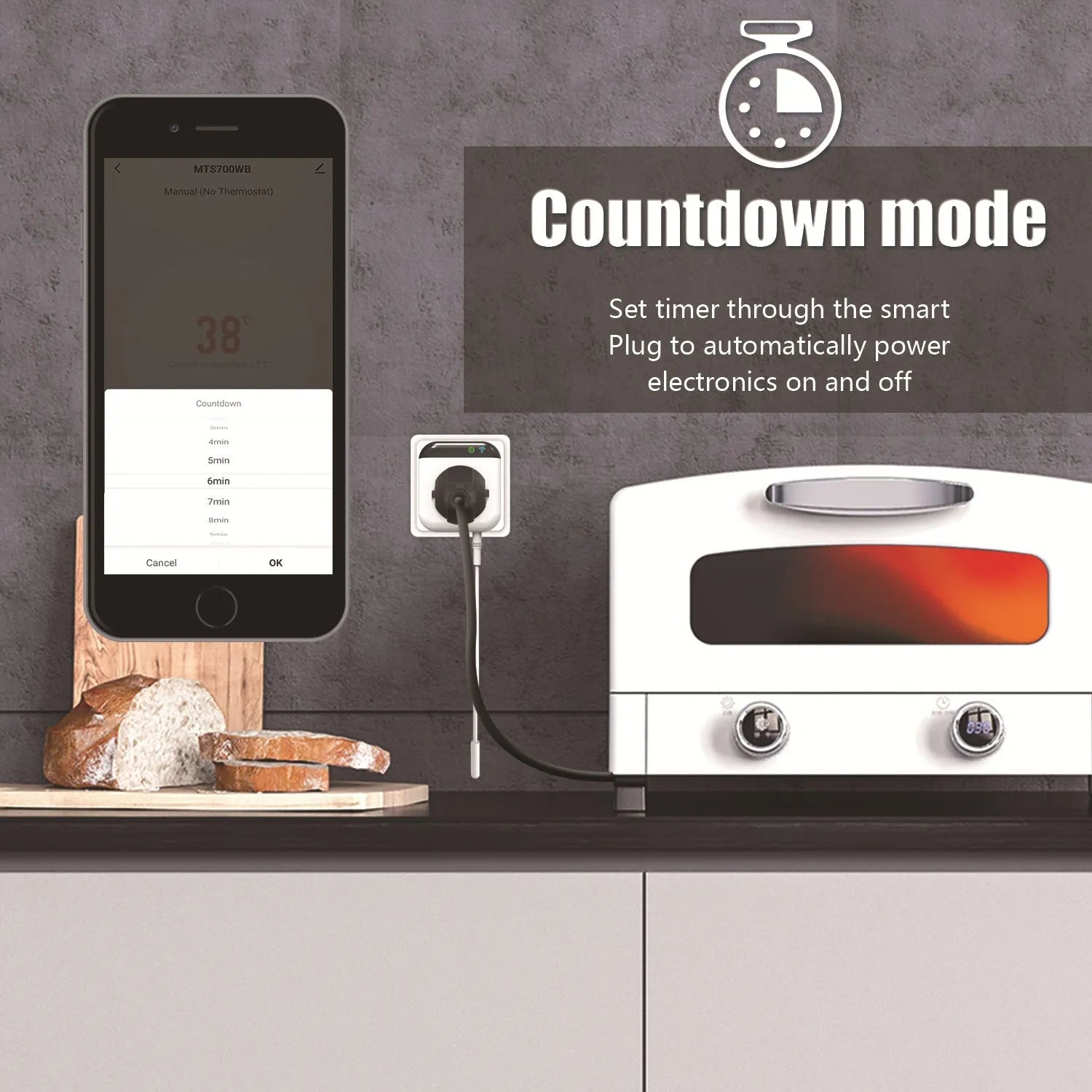 White Tuya WiFi smart socket with temperature sensor probe and US three-pin plug