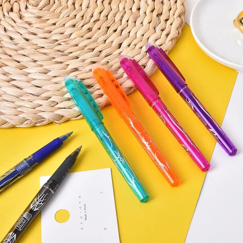Hot erasable gel pen set showing plastic shell construction and stainless steel nib options in 0.5mm and 0.7mm sizes