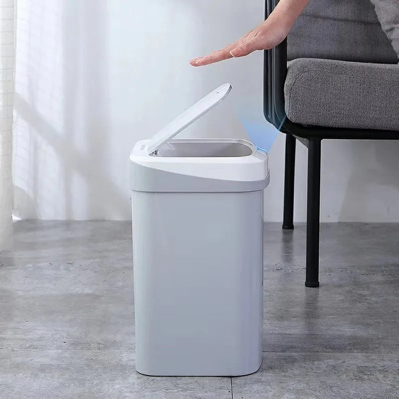 Black smart induction trash can with lid for kitchen or bathroom use