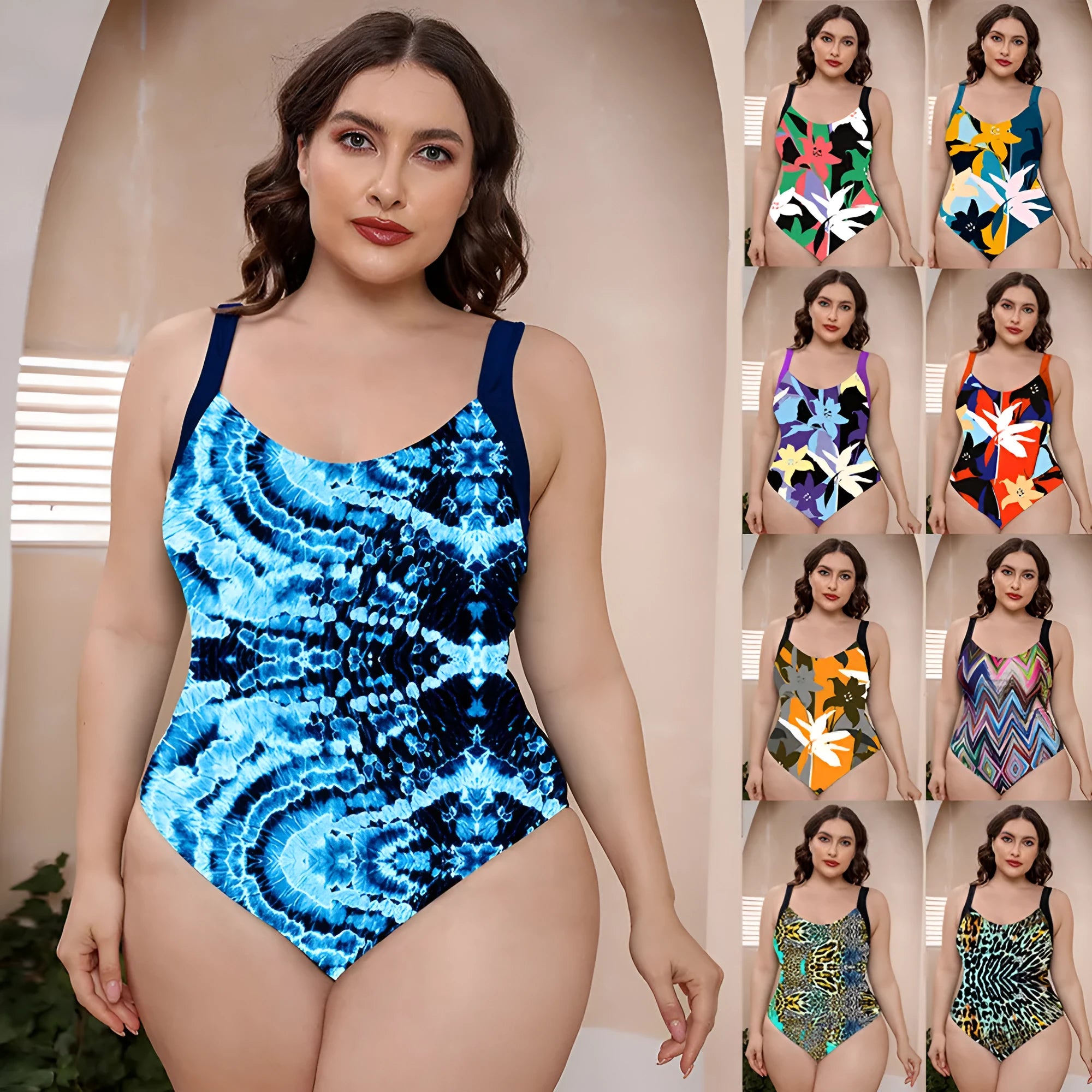 Women's floral print conservative one-piece swimsuit with vest top and spaghetti straps.