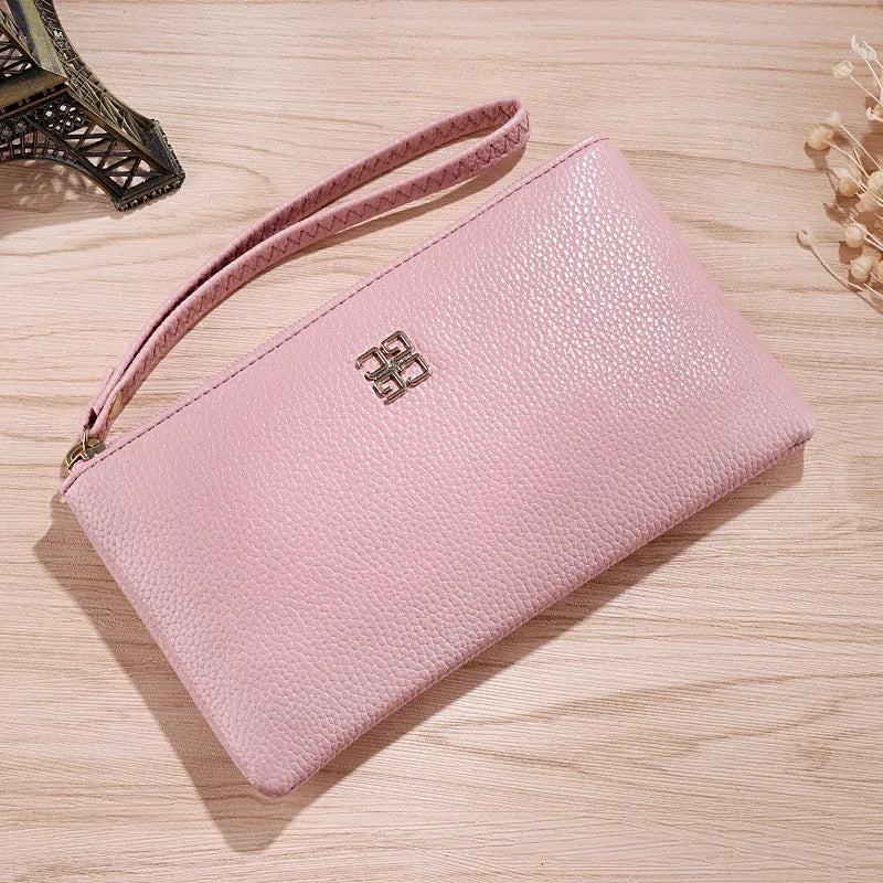 Long 55-inch PU leather phone wallet handbag with zip closure in a choice of solid colours