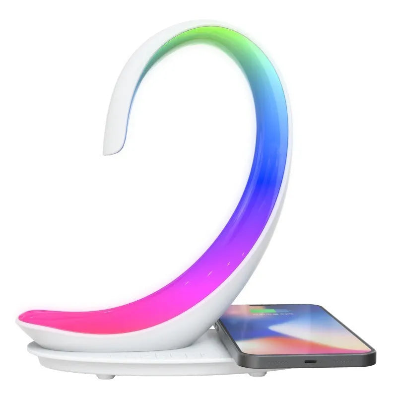 White swan decorative lamp with wireless charging pad and Bluetooth speaker featuring colourful LED lights