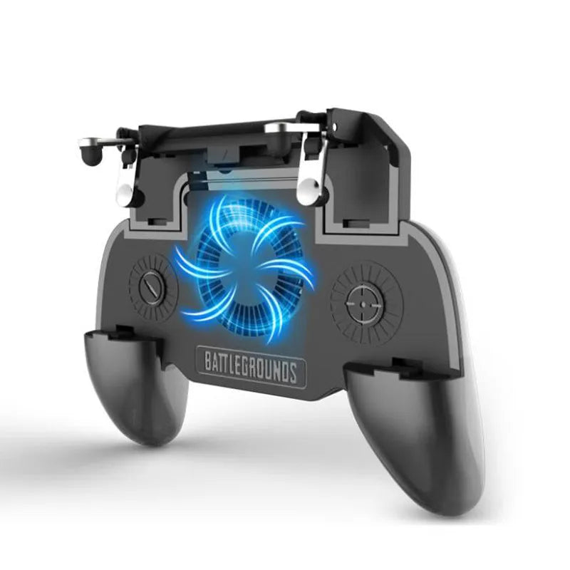 Black USB mobile game controller for smartphones on a grey background.