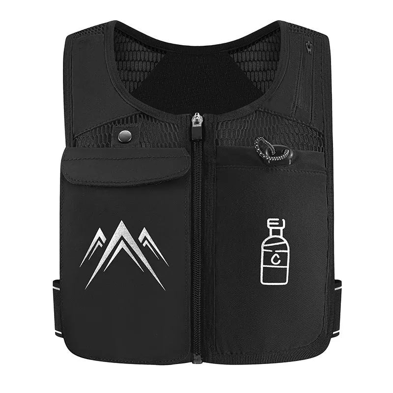 Unisex breathable mesh running vest with integrated phone pocket, shown in classic black and moonlight grey colours.