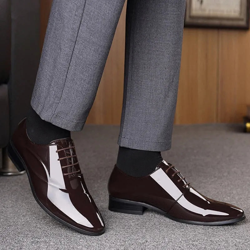 Men's black and brown business formal shoes with pointed toe shape