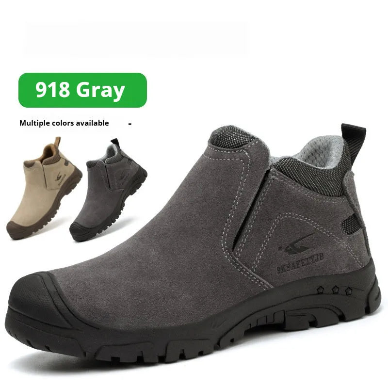 Low-top grey PU leather safety work shoes with lace-up front and steel toe cap on a rubber sole.
