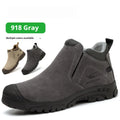 Low-top grey PU leather safety work shoes with lace-up front and steel toe cap on a rubber sole.
