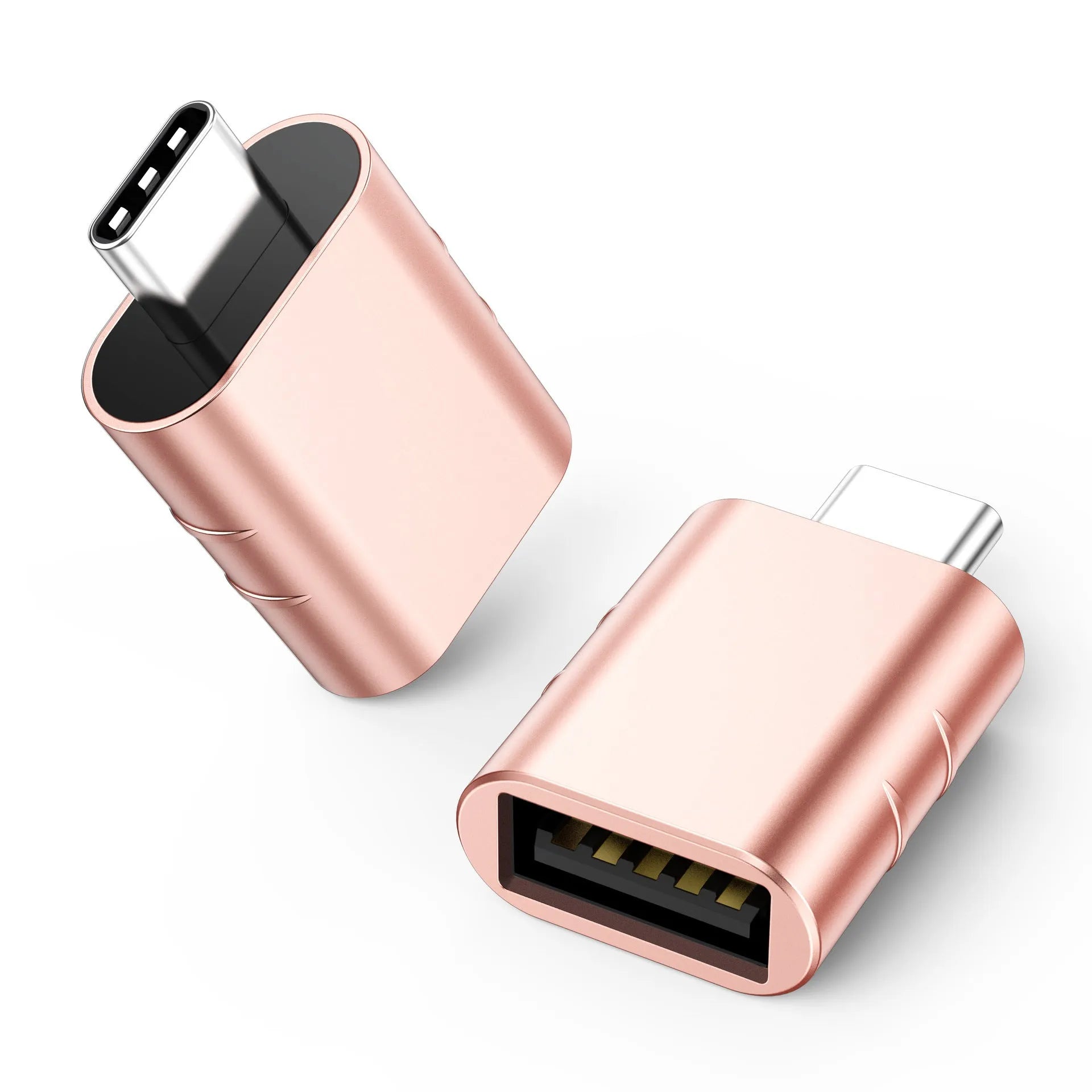 USB data and charging converter adapter with zinc alloy shell in various colour finishes.