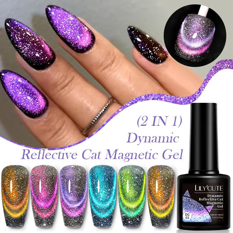 Cat eye nail polish gel bottles in six colours with diamond glitter fragments showing flickering finish