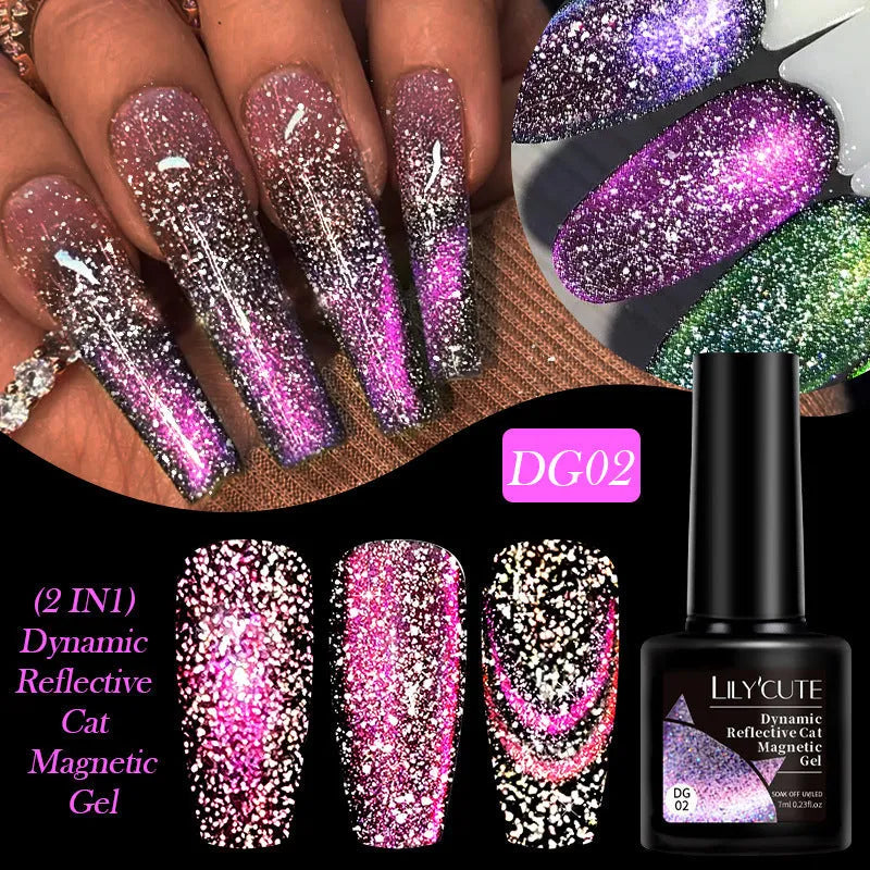 Cat eye nail polish gel bottles in six colours with diamond glitter fragments showing flickering finish