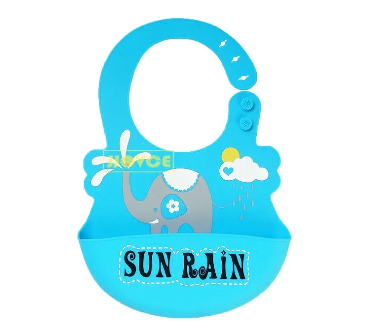 Waterproof silicone baby feeding bib with deep pocket in multiple colours, 28x21cm, on a white background