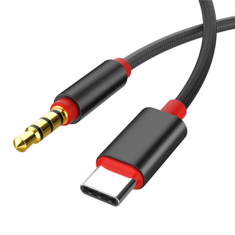 Silver and black nylon braided audio cable with 3.5mm connectors for car aux and headphone use