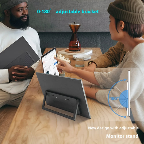 Black 15.6-inch portable computer monitor with adjustable stand on office desk