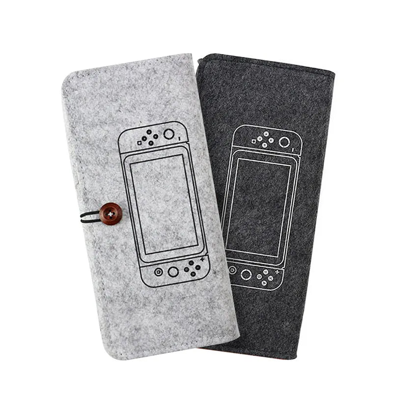 Black Nintendo Switch felt pouch bag showing game card slots and double layer storage compartments