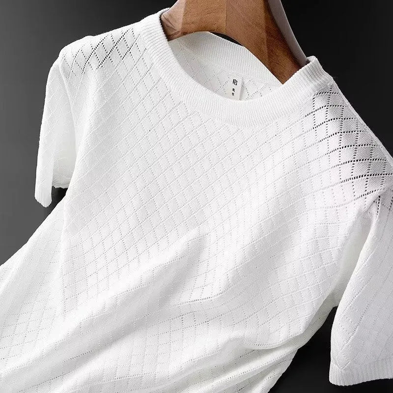 Men's black and white ice silk V-neck and round neck short sleeve t-shirts on hangers.