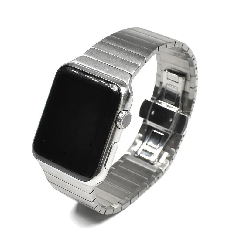 Apple Watch metal replacement strap with butterfly buckle in silver, black, blue, gold, and rose gold colours