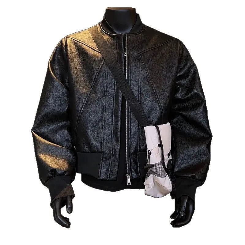 Men's black extended length PU leather jacket with egg white litchi grain texture in slim fit business style