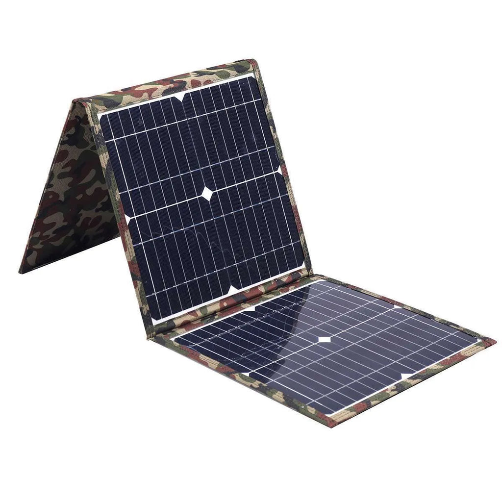 Black foldable 36W solar panel with monocrystalline cells and charging accessories displayed unfolded
