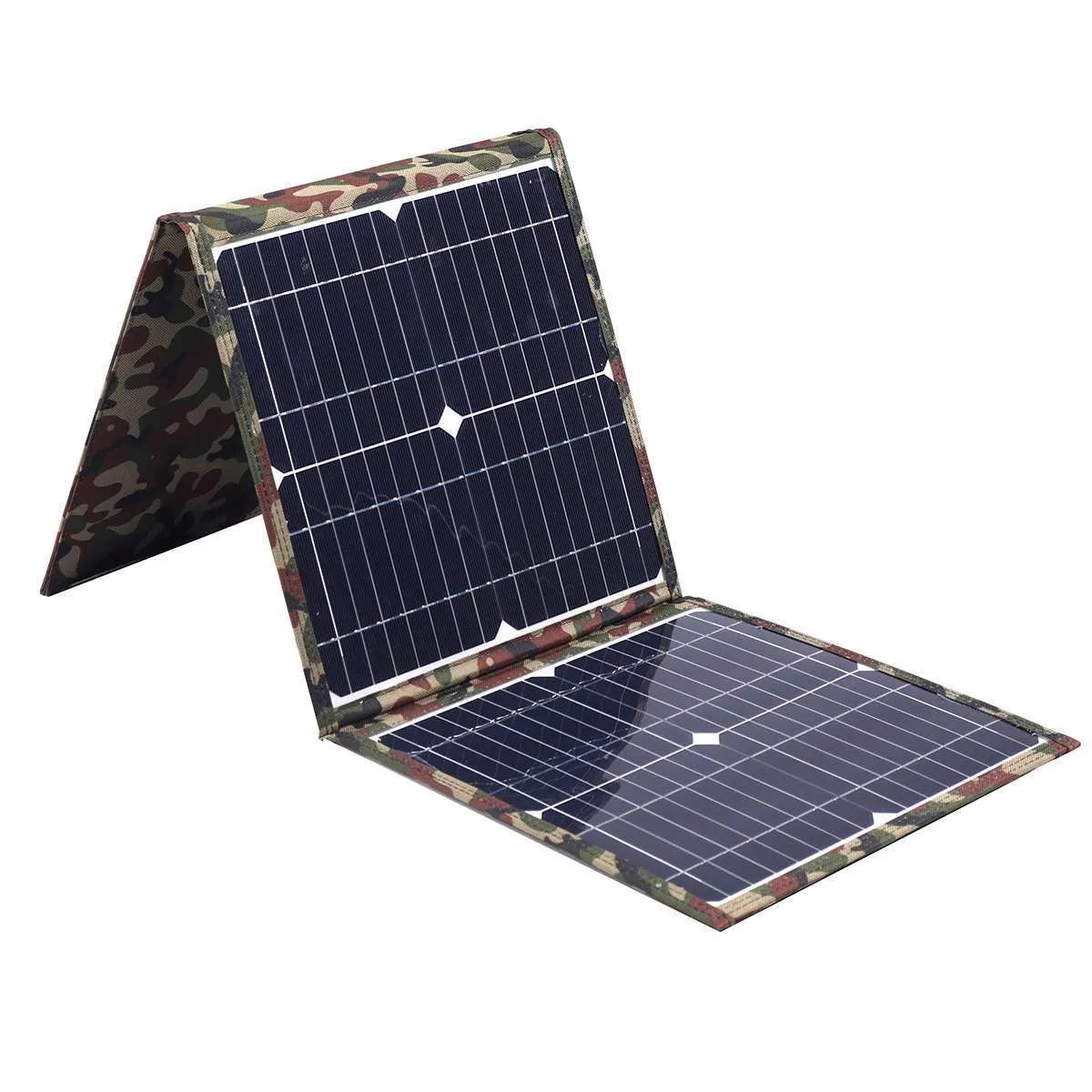 Black foldable 36W solar panel with monocrystalline cells and charging accessories displayed unfolded