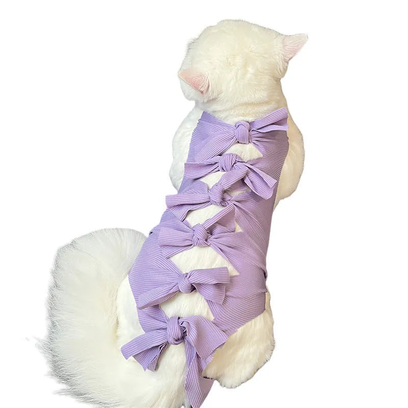 Adjustable lace-up cat sterilisation clothing in polyester fabric showing closure system and colour options