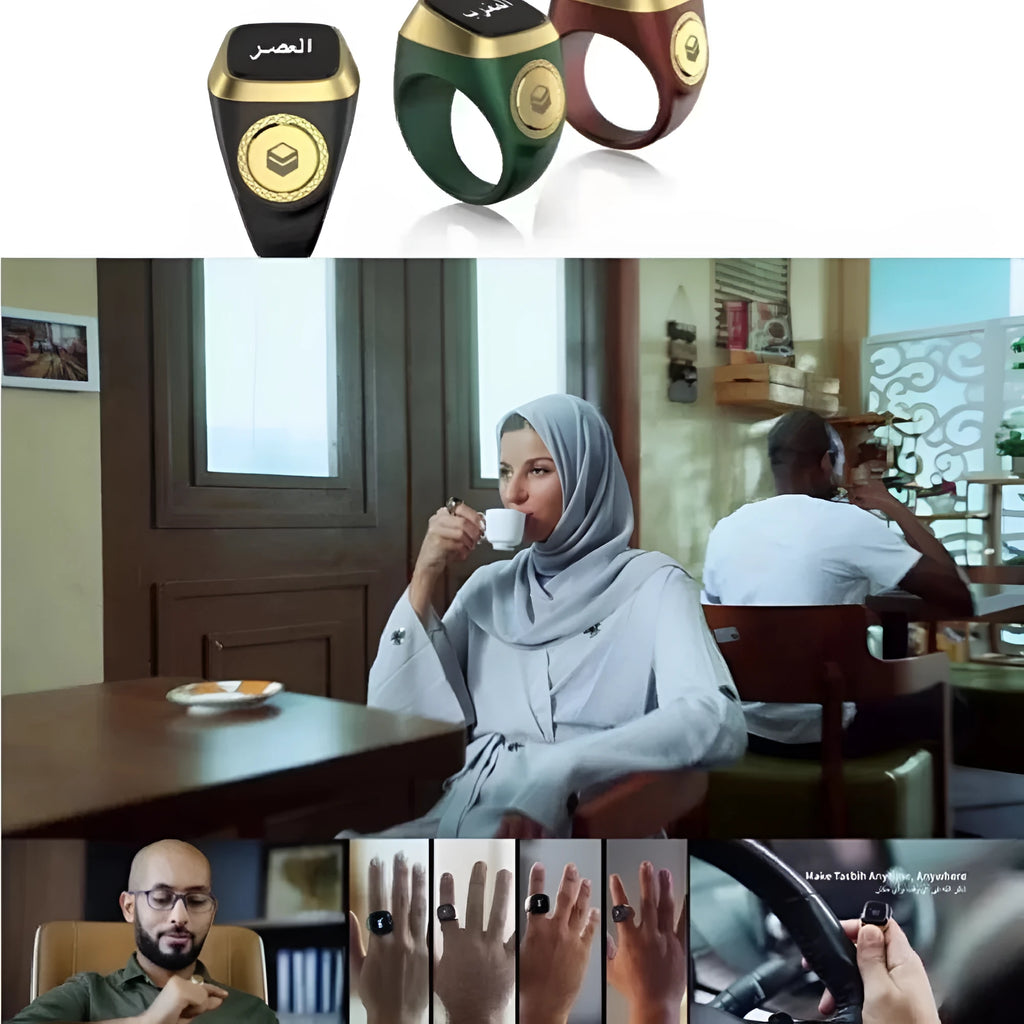 Zikr1 metal smart ring with OLED display showing prayer count, worn on a finger.