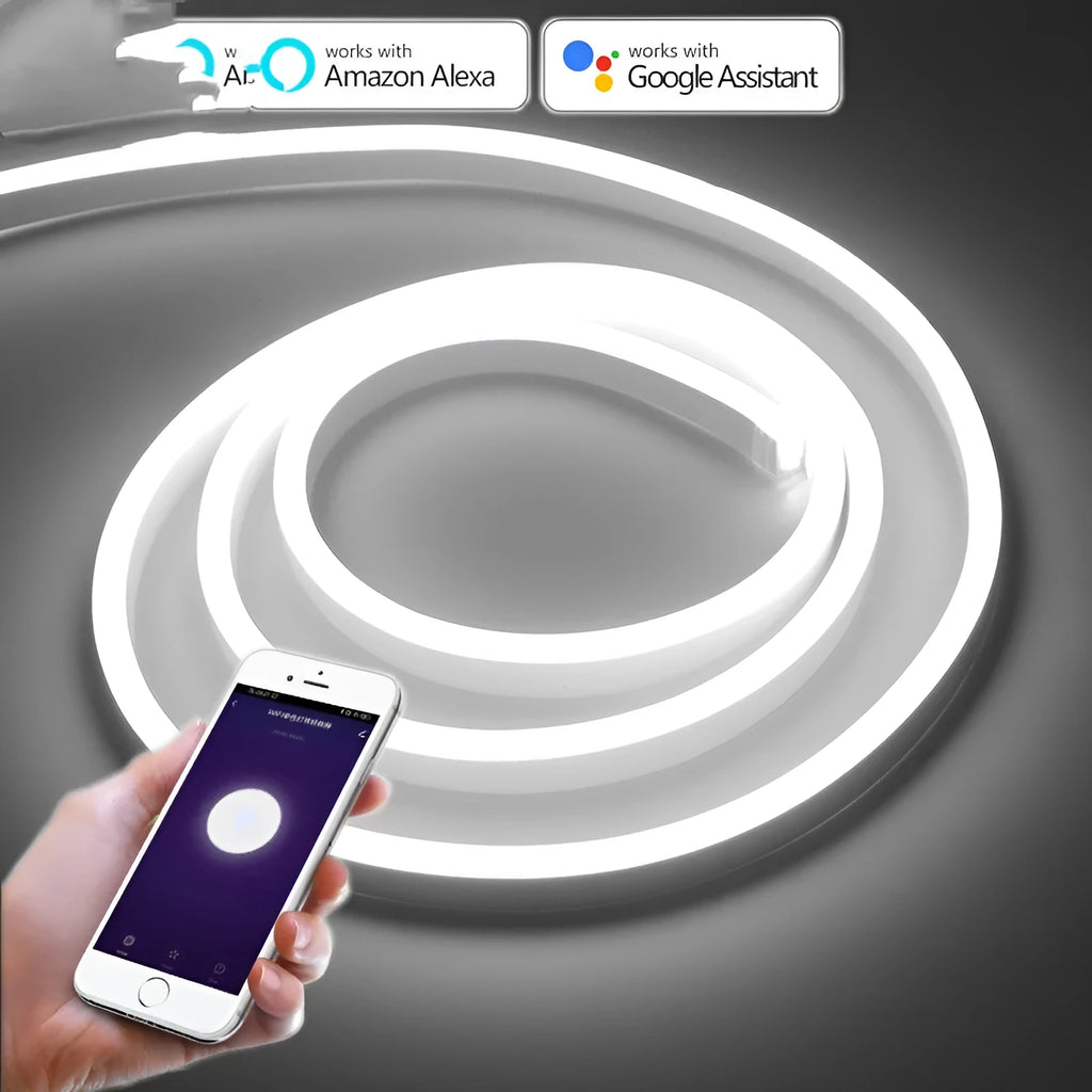 Smart LED neon light strip 10mm wide IP65 waterproof in blue colour, cuttable flexible rope lighting