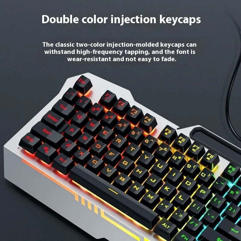 Black and white mechanical gaming keyboard with metal construction, mouse, and headset wired bundle