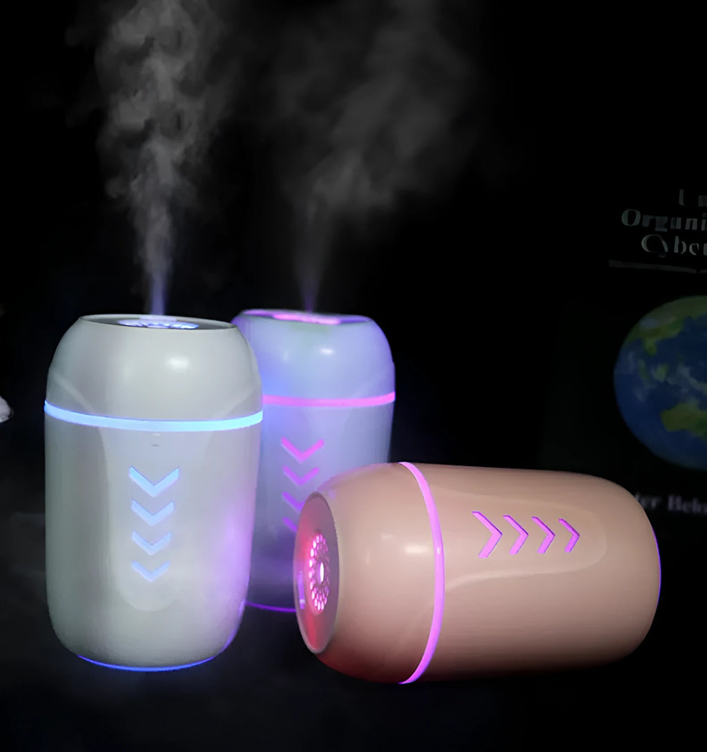 Portable columnar humidifier with 200ml capacity in blue, pink, or white colours showing USB and AC power options