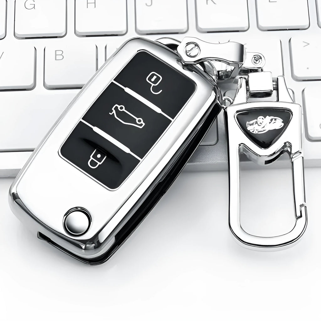 VW Model A folding car key case with buckle closure in blue, pink, red, and silver colour options.